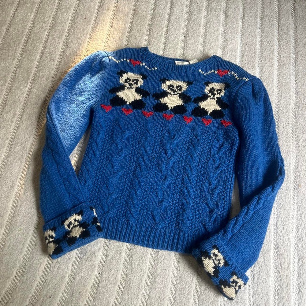 VTG 90s The Eagle's Eye blue cable knit Panda sweater size Medium Cute Cottage